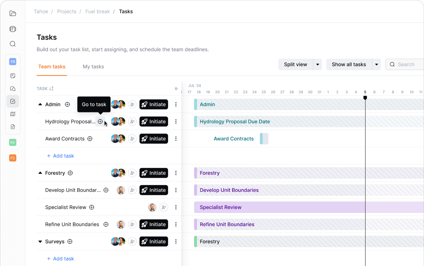 Task Management interface showing project tasks and deliverables